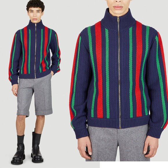 GUCCI MENS BOMBER JACKET KNIT ZIPPER CARDIGAN SWEATER WOOL WEB STRIPE sz XL - Picture 1 of 15